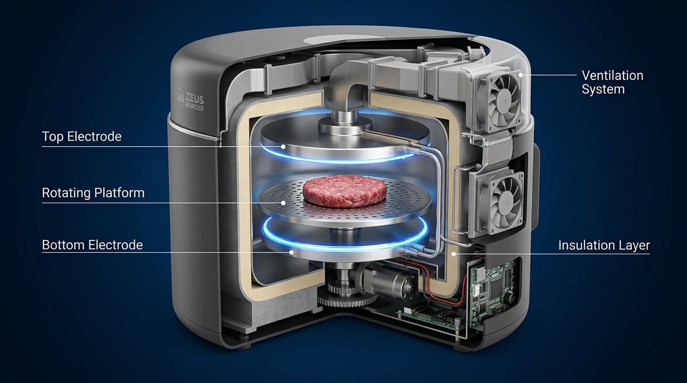 Cutaway cross-section of Zeus Burger cooking chamber revealing internal electrode structure