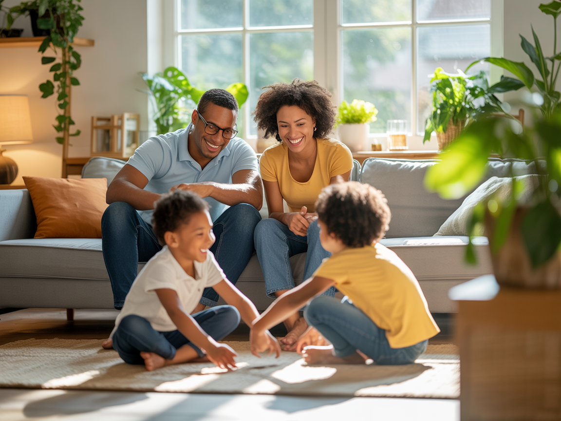 Happy family relaxing together in their living room, parents on couch watching children play