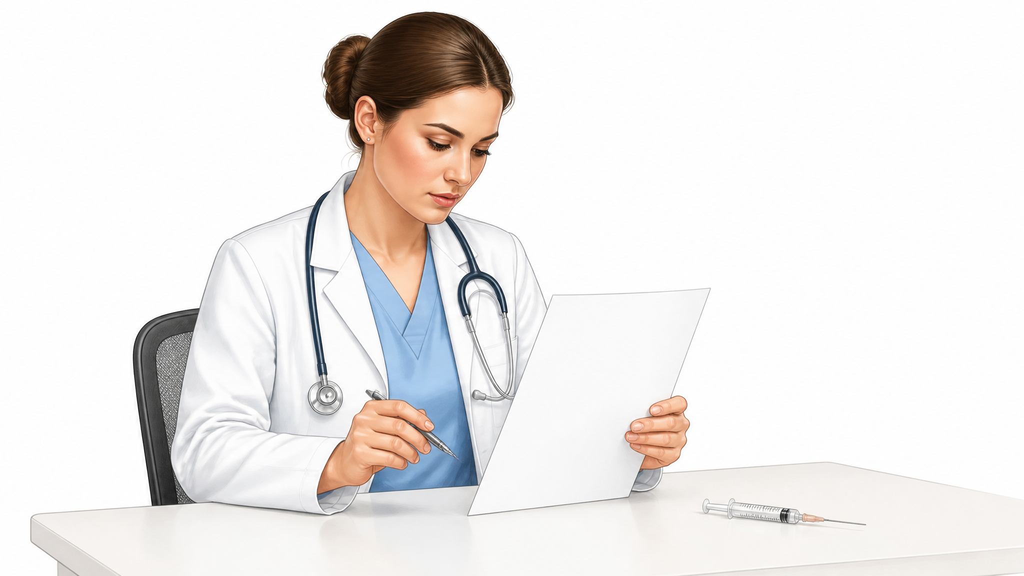 A clean medical illustration of a clinician at a desk reviewing a procedure note with a small anesthetic syringe resting nearby