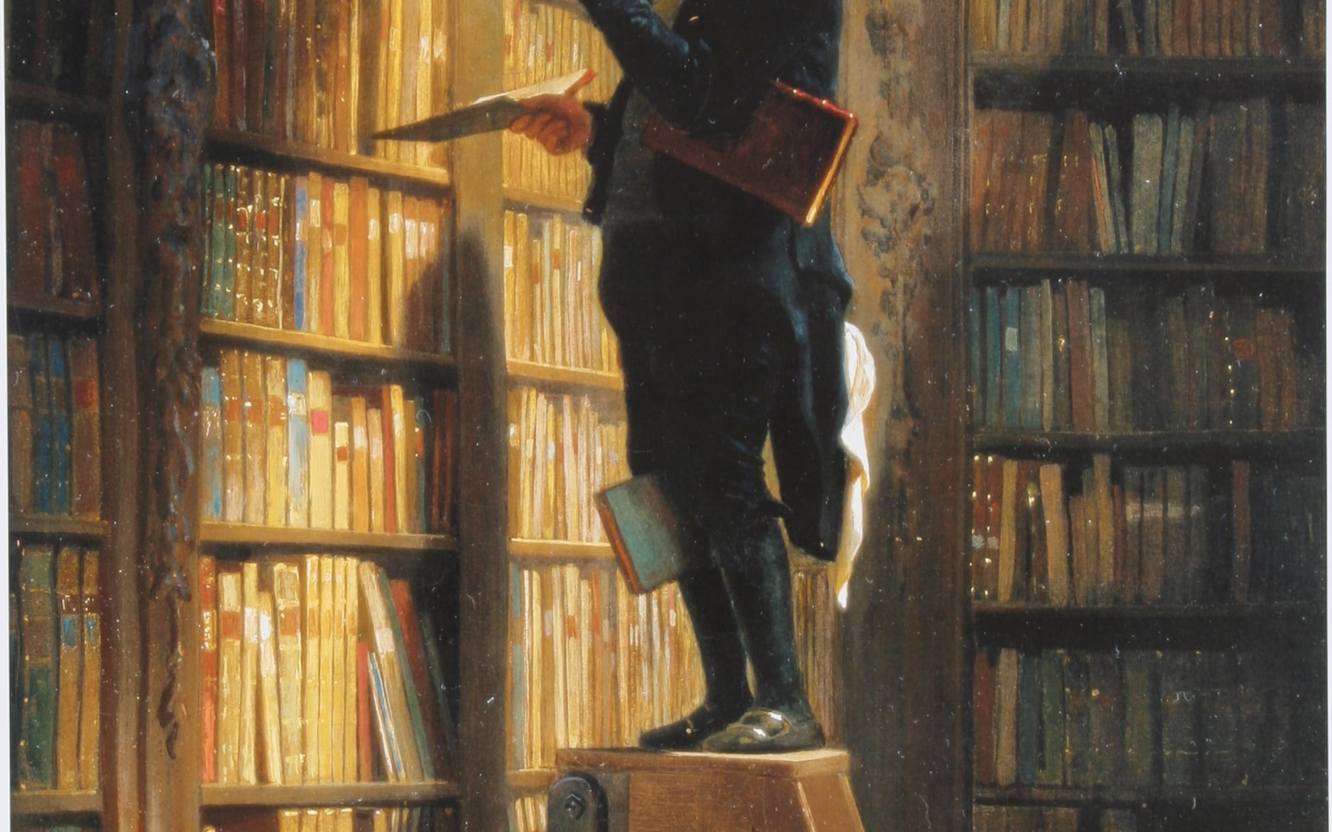 Spitzweg’s bookworm on a library ladder among towering shelves