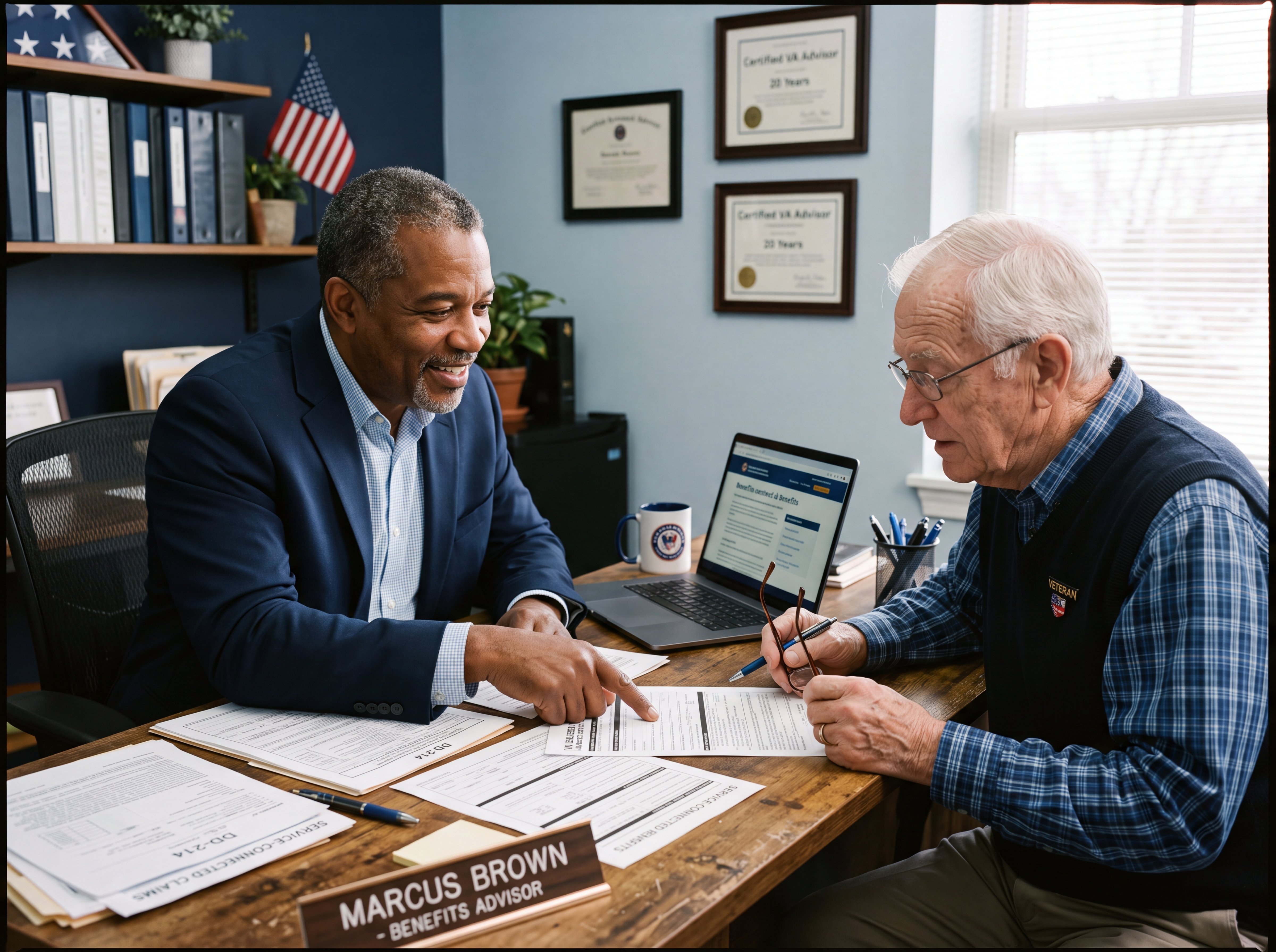 A benefits advisor honestly explaining options to a senior veteran across a table