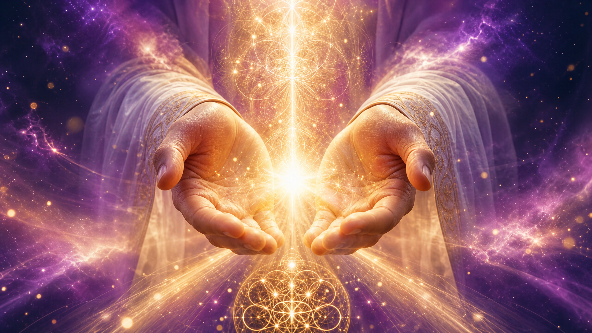 Welcoming spiritual scene with open hands and divine light