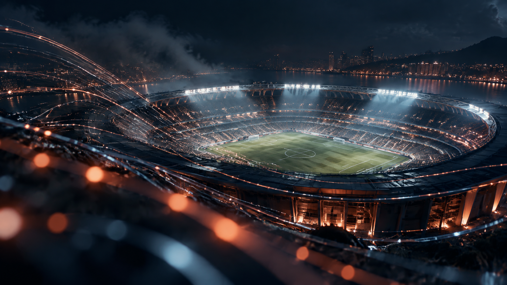 Night sports stadium under floodlights overlaid with live data signals