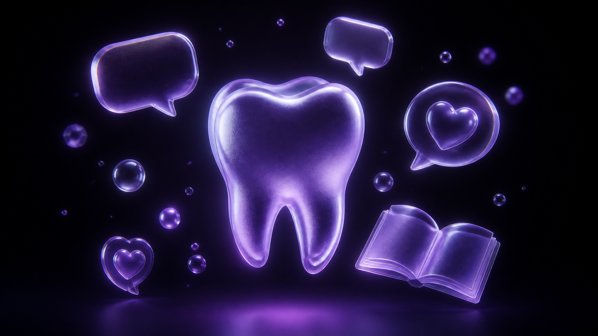 A frosted-glass glowing tooth surrounded by translucent social bubbles and a small rulebook, in the dark