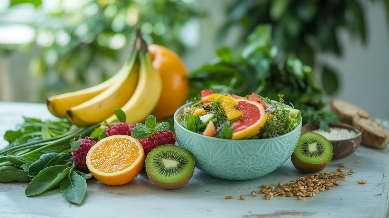 Alimentos saludables frescos y coloridos sobre mesa de madera