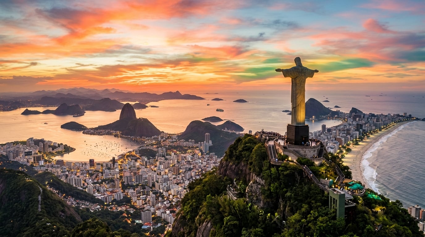 Panoramic view of Rio de Janeiro at sunset with Christ the Redeemer