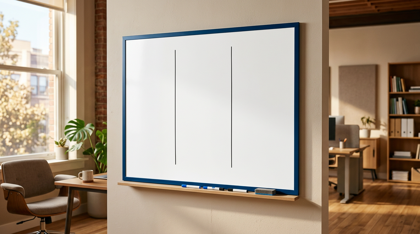 Quadro branco com três seções divididas representando categorização de tarefas