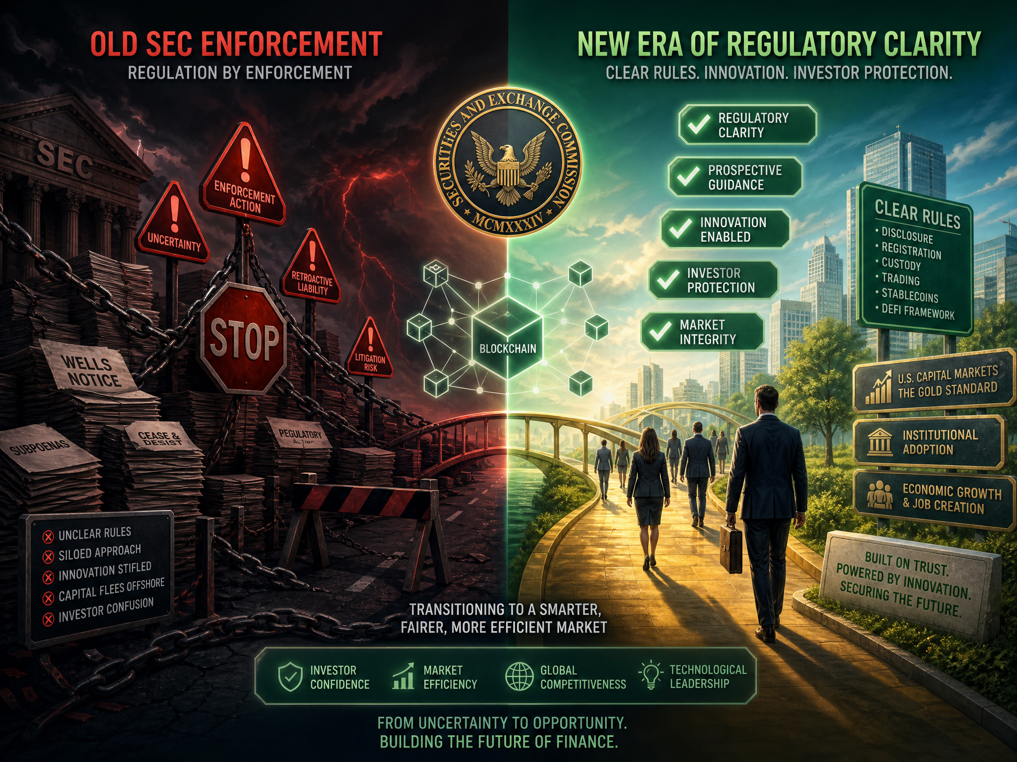 SEC Regulation Crypto 2026 comparison: old enforcement-first approach versus new regulatory clarity for crypto investors