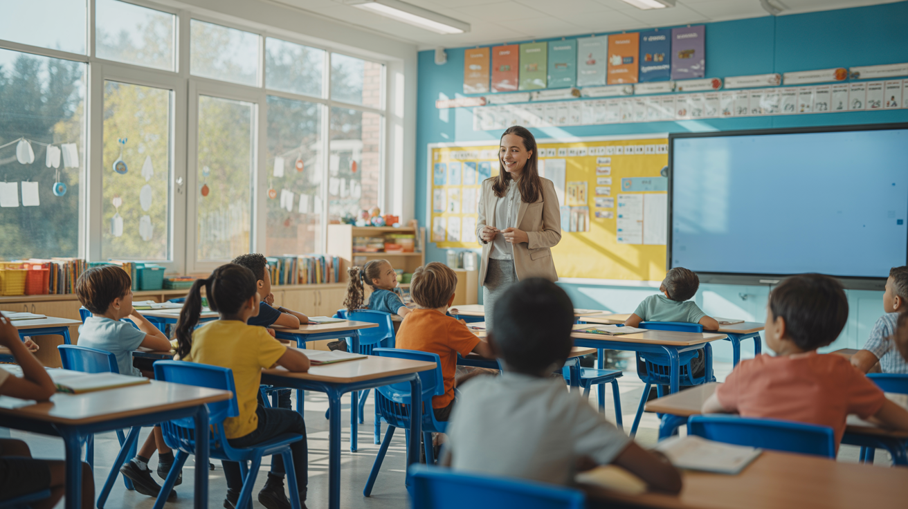 Modern classroom with engaged students and teacher