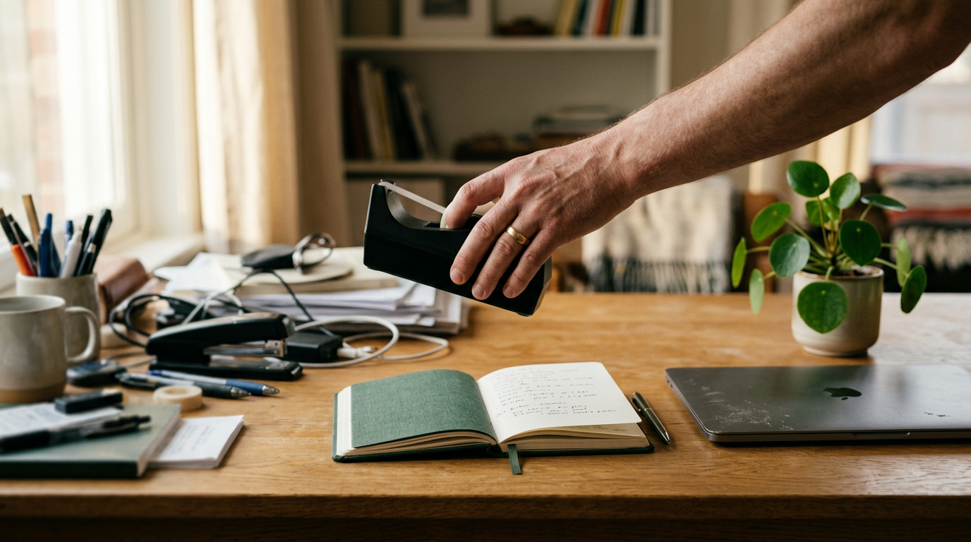 Mão removendo objetos de uma mesa lotada, deixando apenas o essencial — notebook, laptop e planta