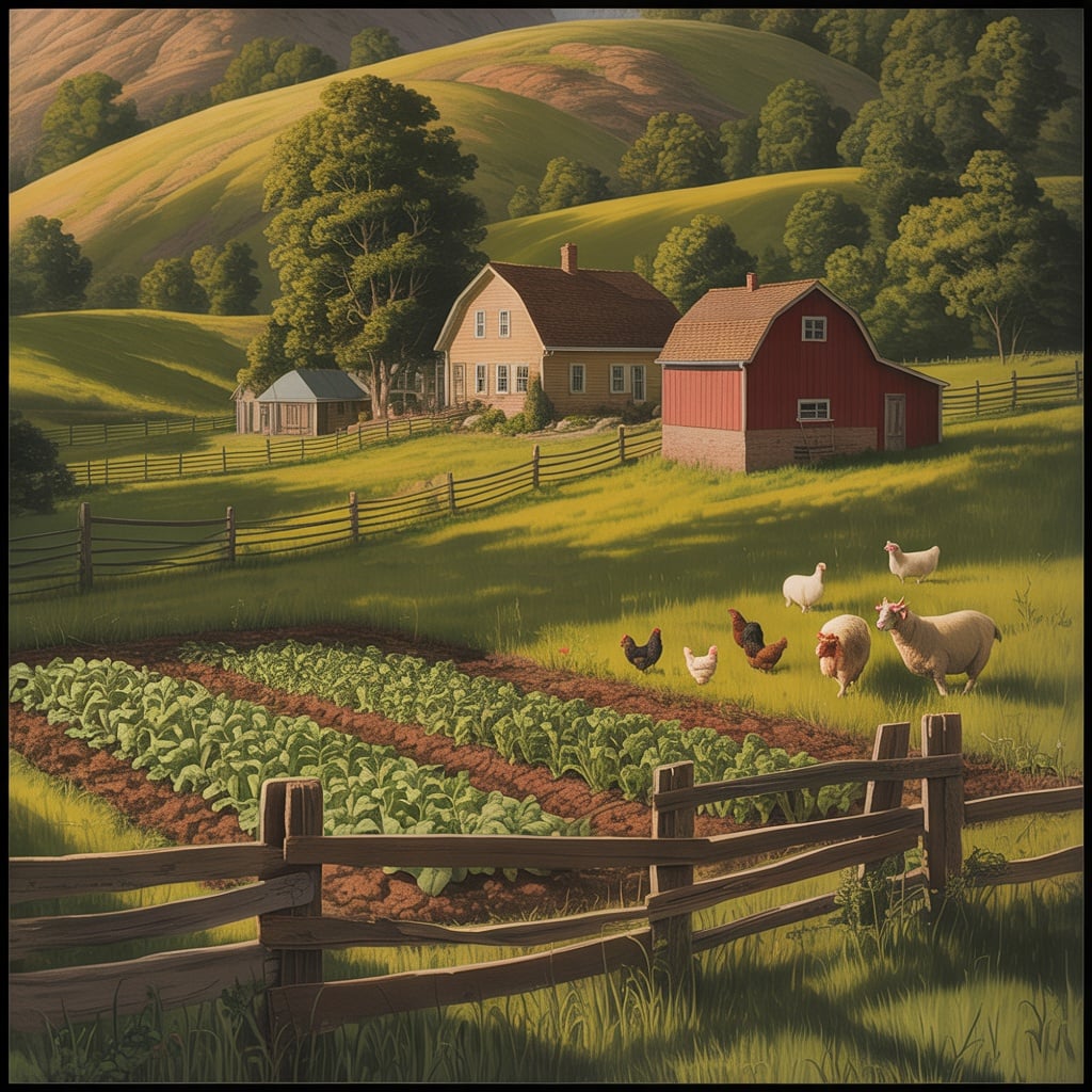 Beautiful pastoral farmhouse with garden, animals, and rolling green hills