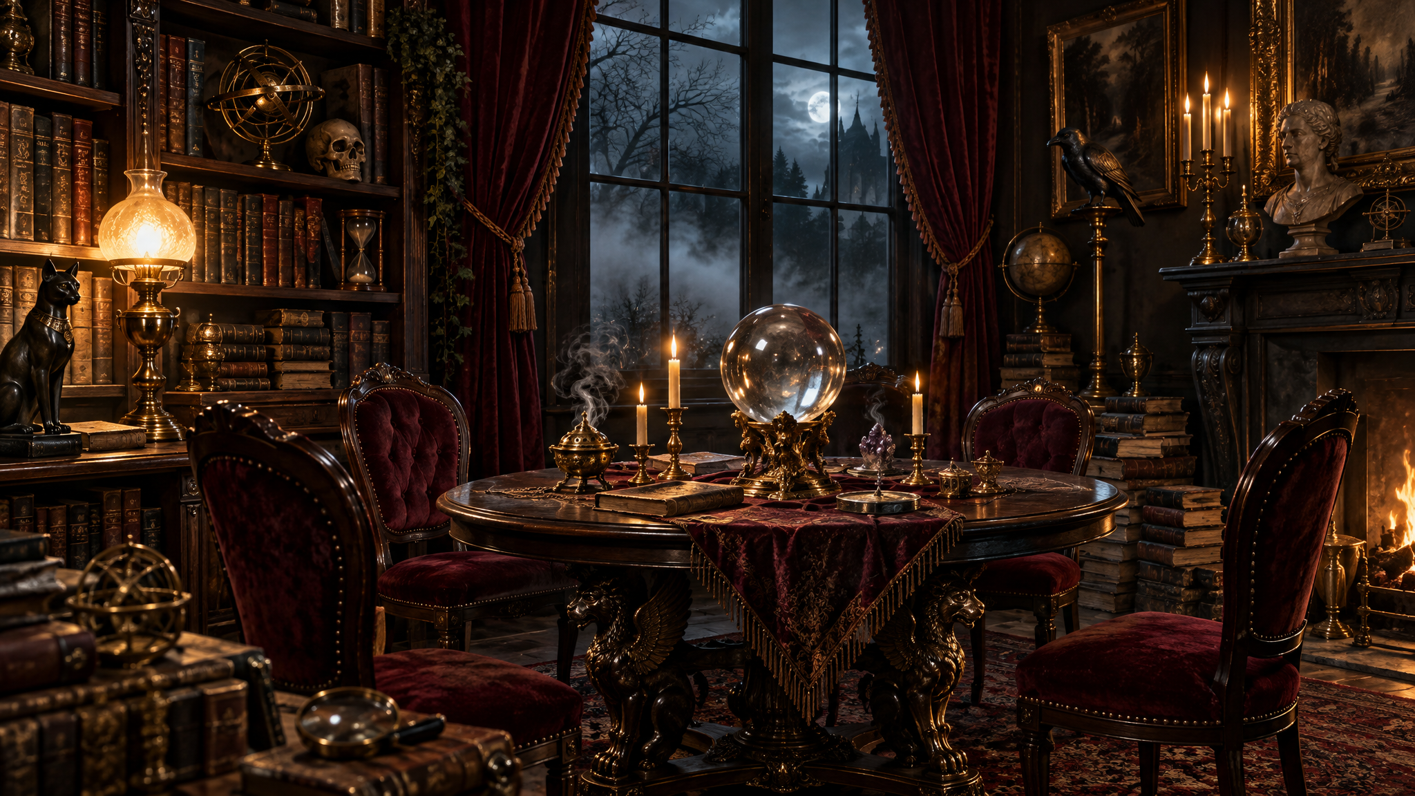 A Victorian occultist’s study at night with a gas lamp, a crystal ball and stacks of leather books