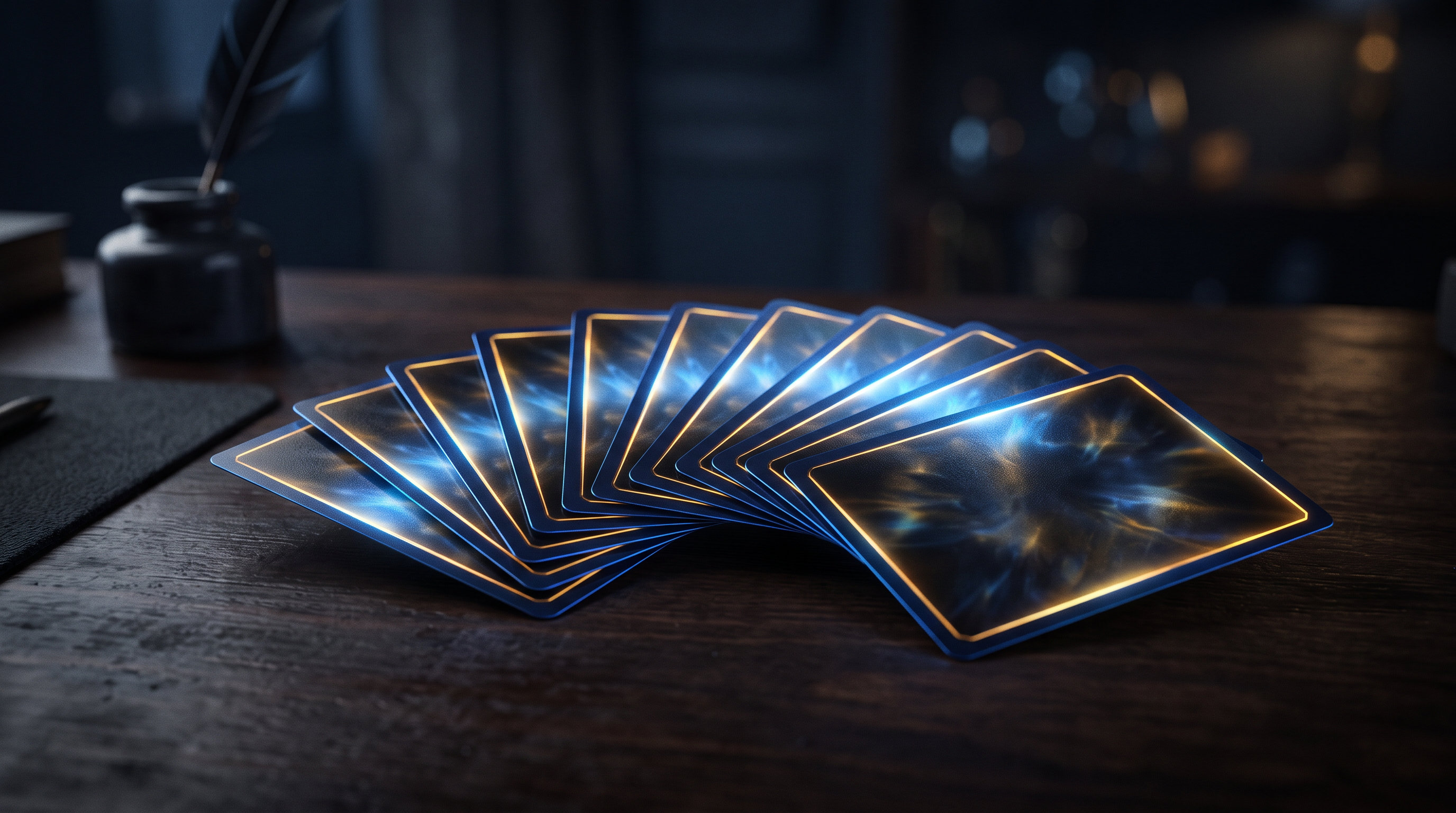 Glowing trading cards fanned out on a dark desk