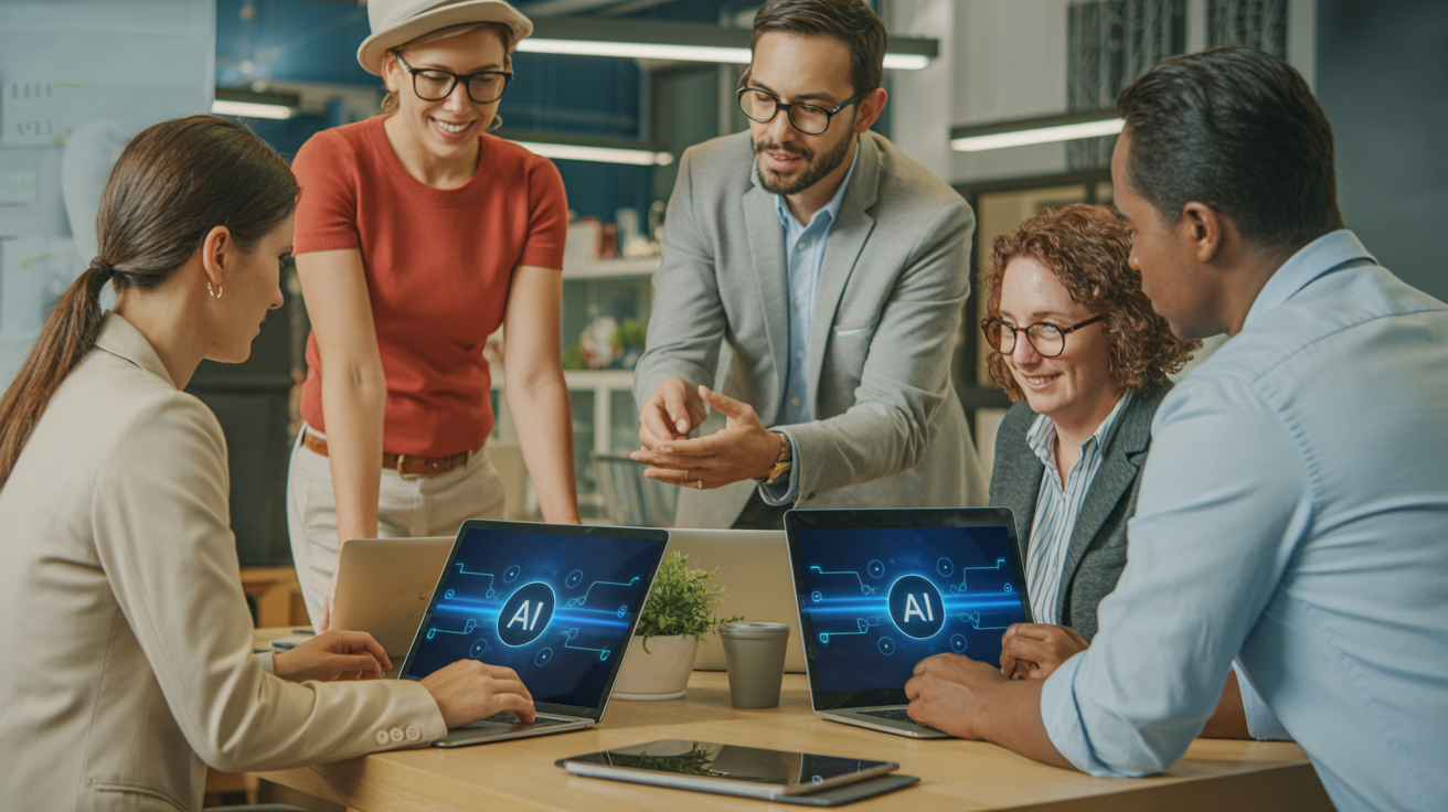 Diverse group of small business owners and entrepreneurs collaborating with AI technology in a modern, inclusive office setting