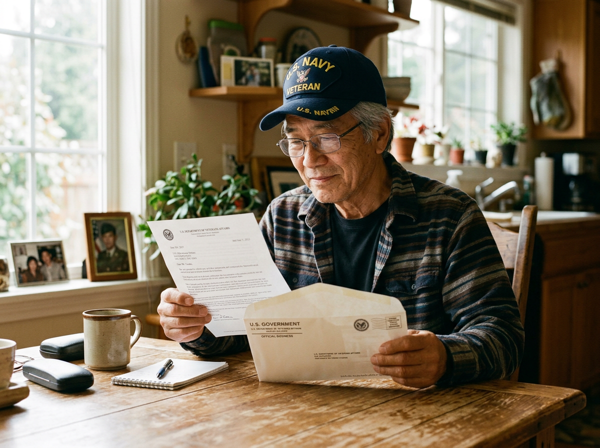 A veteran reading a VA decision letter at home and reviewing the rating decision