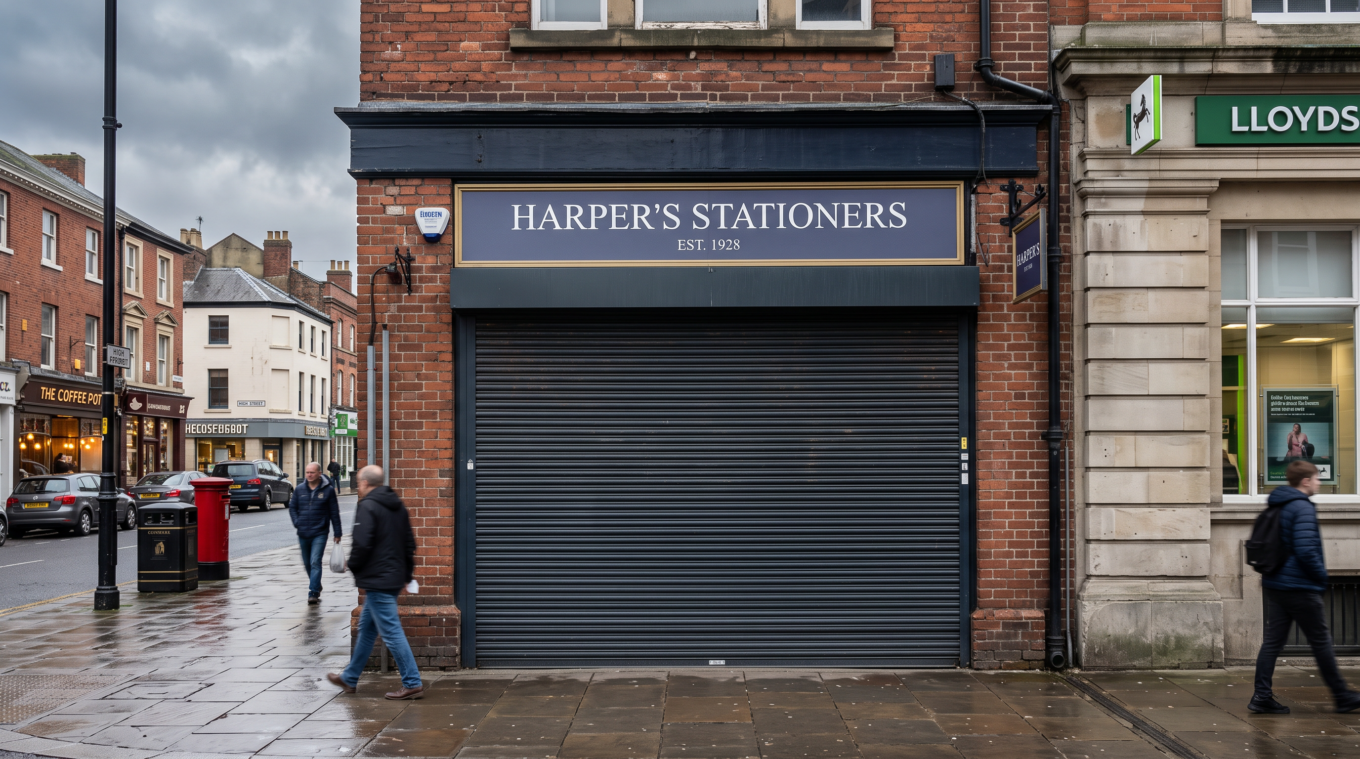 Closed UK high street retail shop unit with a metal security shutter down