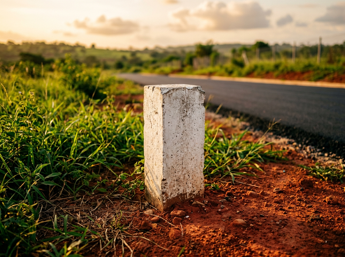 White concrete survey beacon on red laterite soil beside a paved road