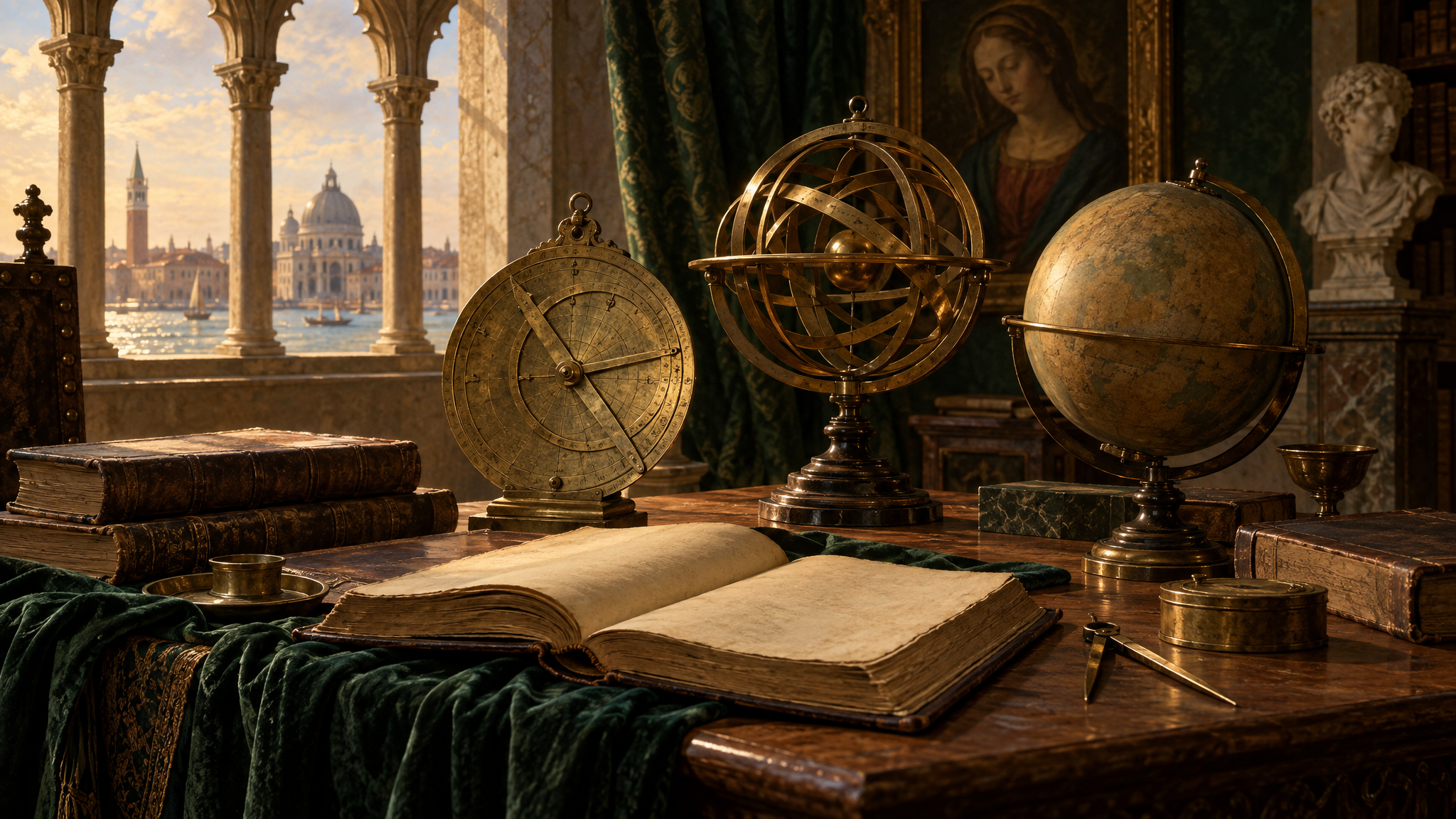 A Renaissance scholar’s table with an astrolabe, a globe and open folios