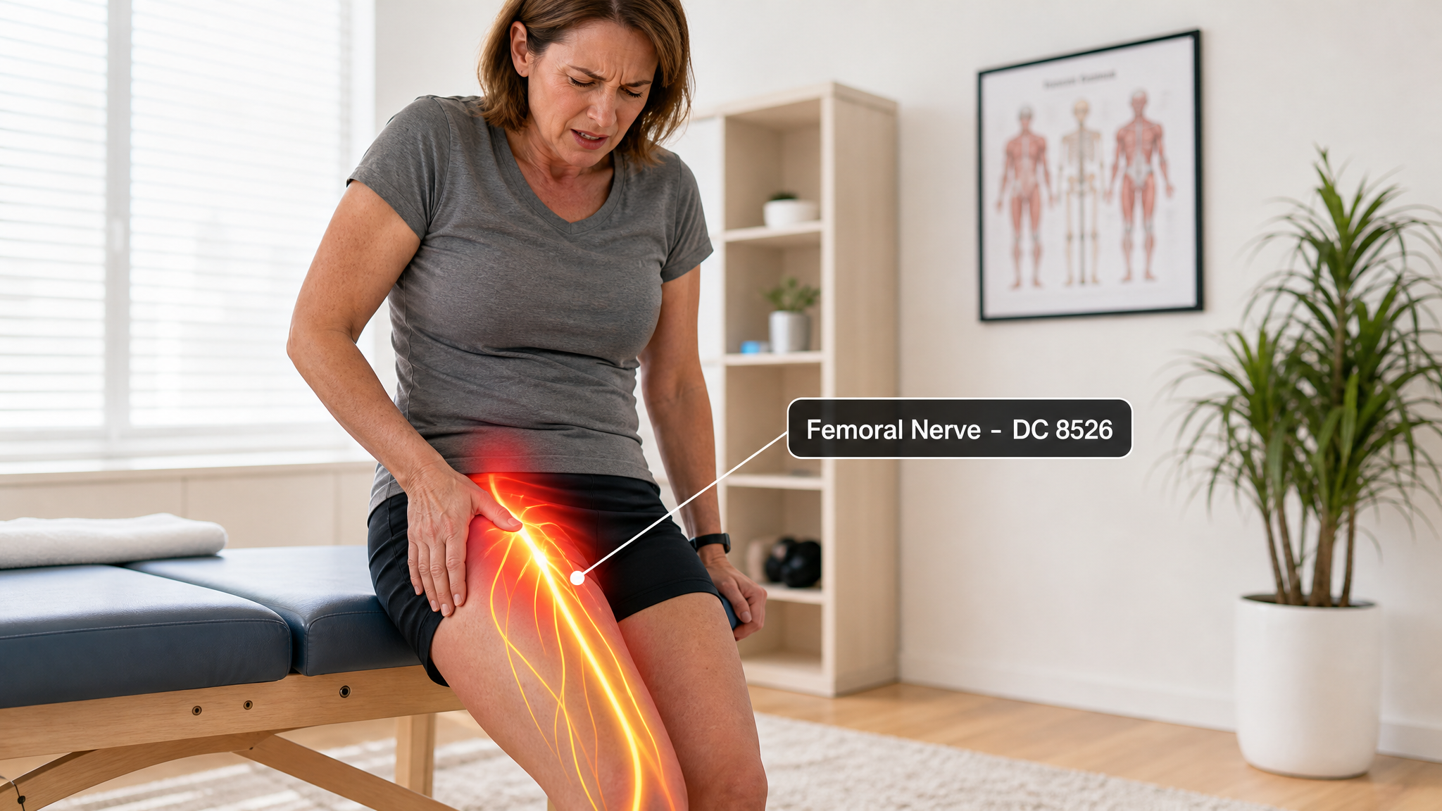 White woman with pain down the front of her thigh, an amber femoral-nerve overlay on the anterior thigh and a floating label reading Femoral nerve DC 8526