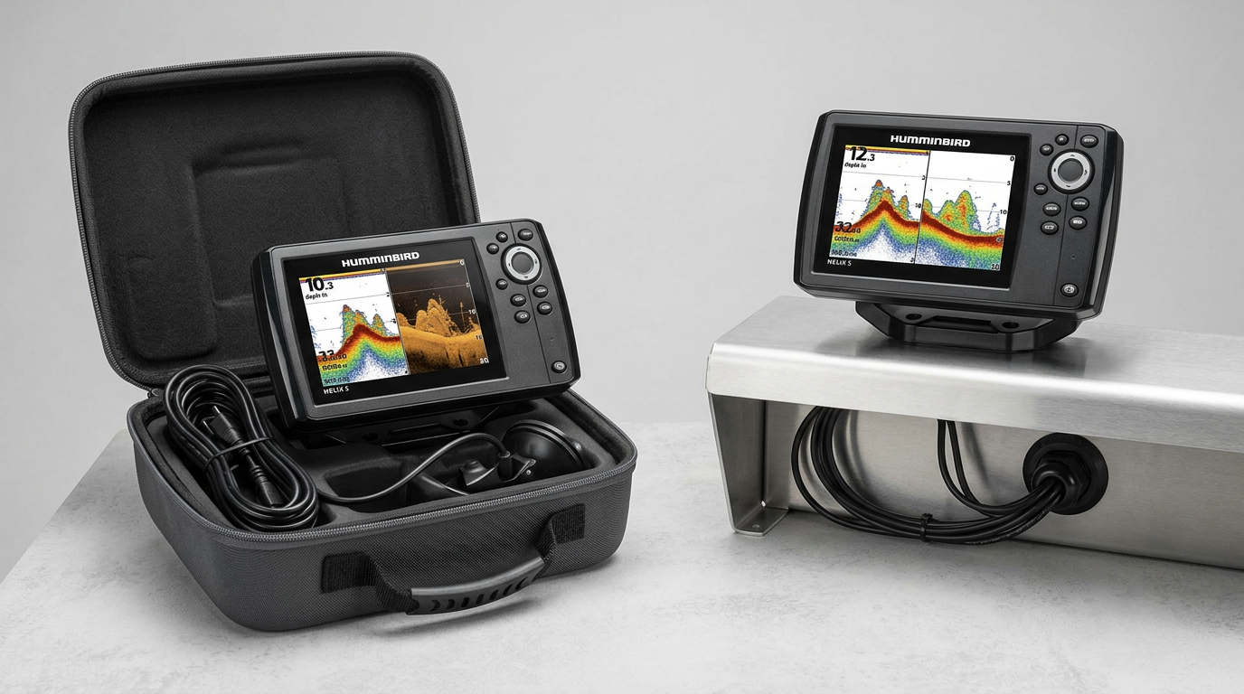 Portable Humminbird HELIX 5 fish finder in a carrying case next to a fixed mount HELIX 5 unit installed on a boat console