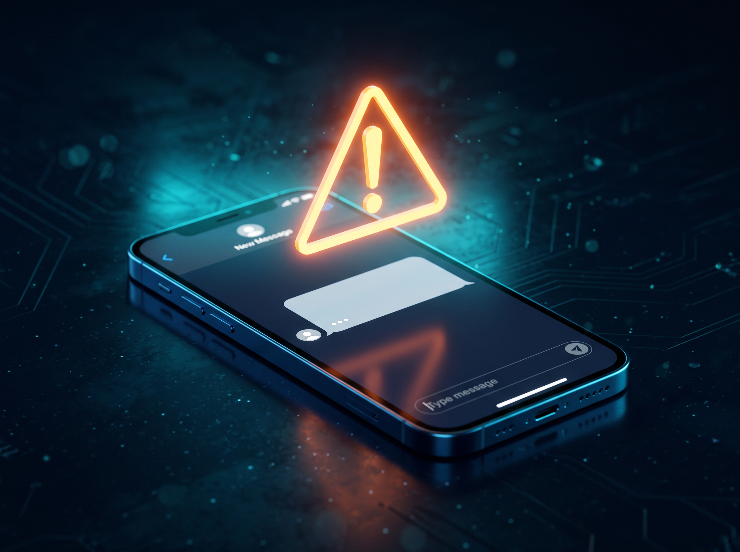 A mobile phone in the dark showing a message with a warning symbol