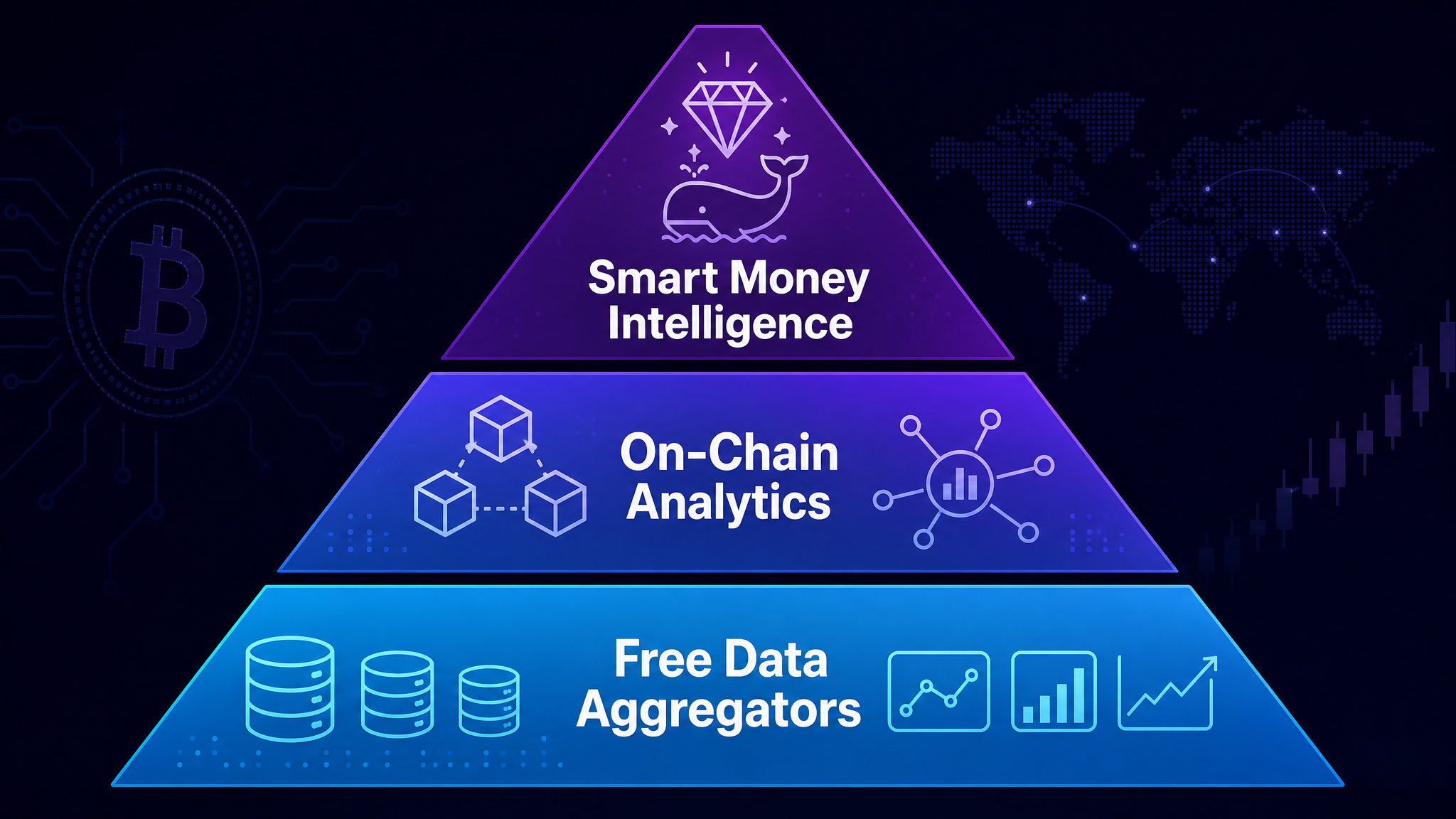 Crypto research stack pyramid showing free tools at base and premium smart money intelligence at top for crypto research tools 2026