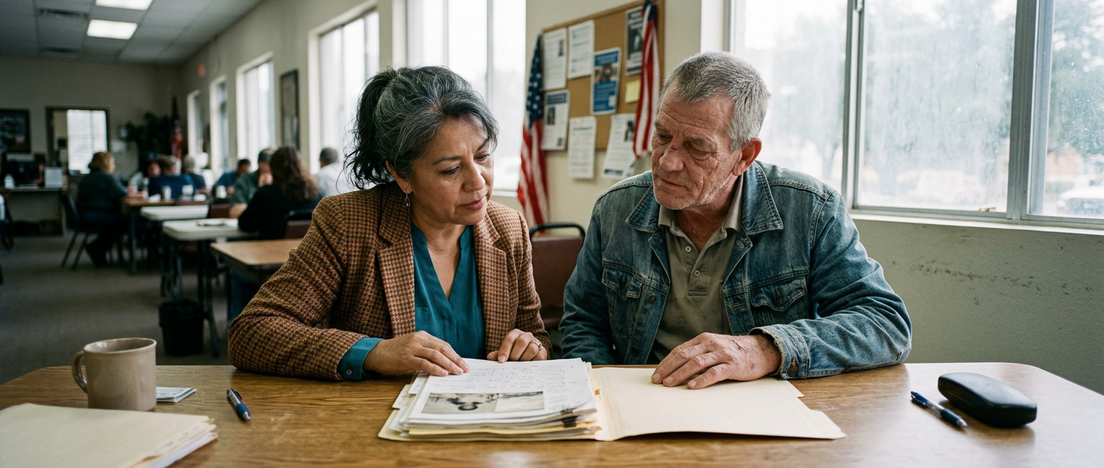 Advocate and veteran seated side by side working through an open claims file together