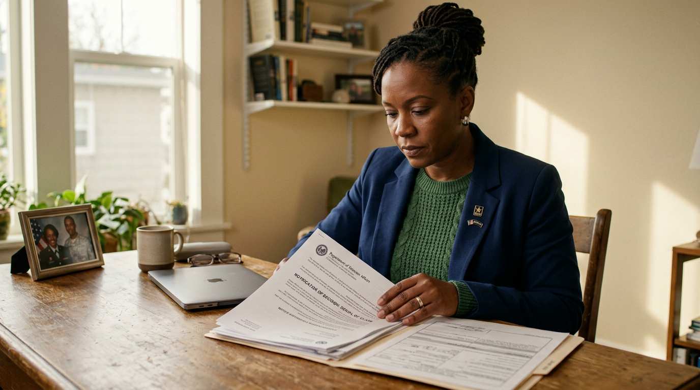 Woman veteran reviewing a VA denial letter with determination