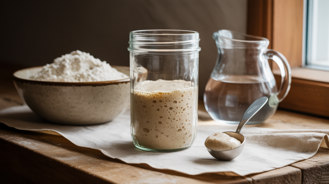 Active bubbly sourdough starter in glass jar next to flour bowl and water vessel showing 1:5:5 ratio