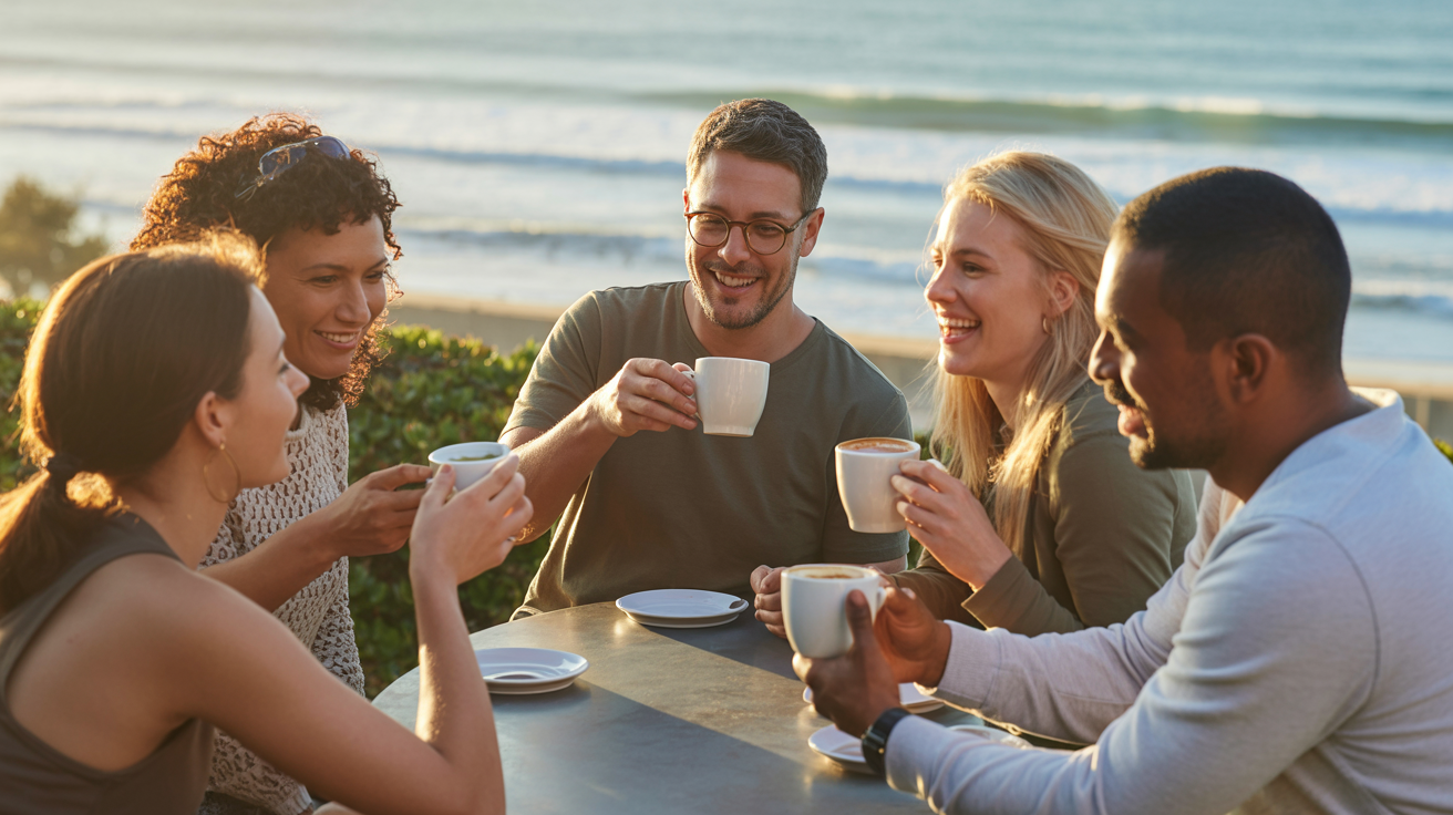 Friends enjoying coffee at the waterfront