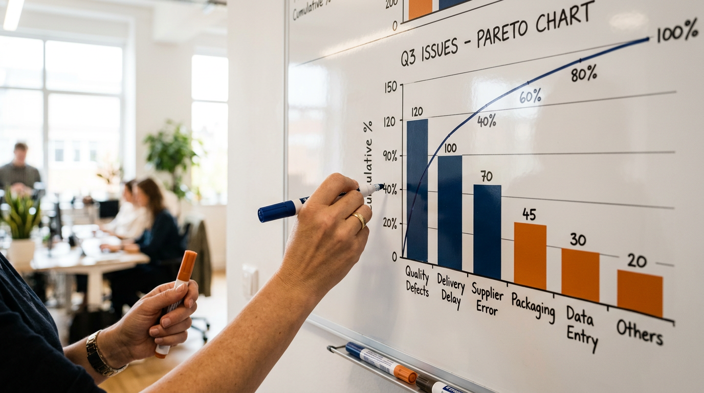 Mão desenhando gráfico de Pareto em quadro branco com marcadores coloridos