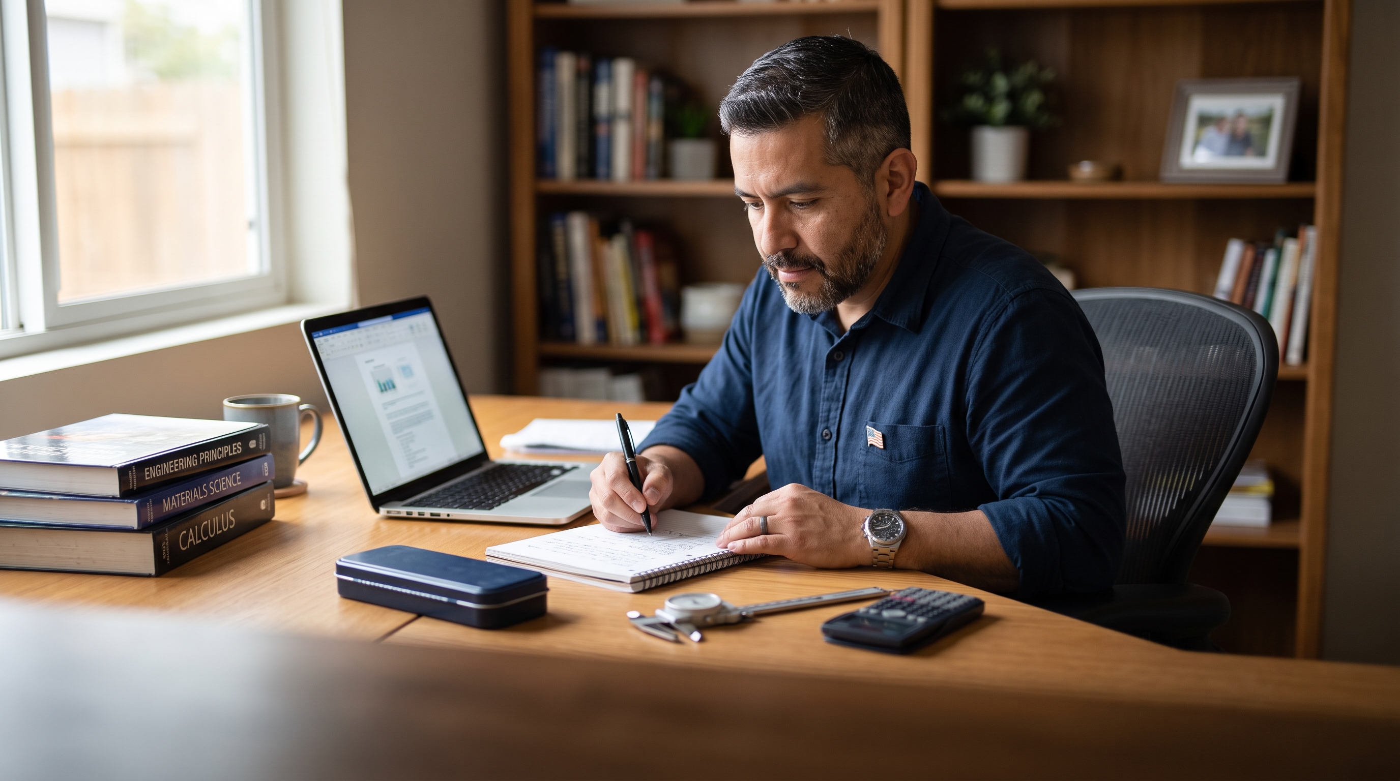 A veteran at a desk with a laptop, textbooks and professional tools provided by VR&E