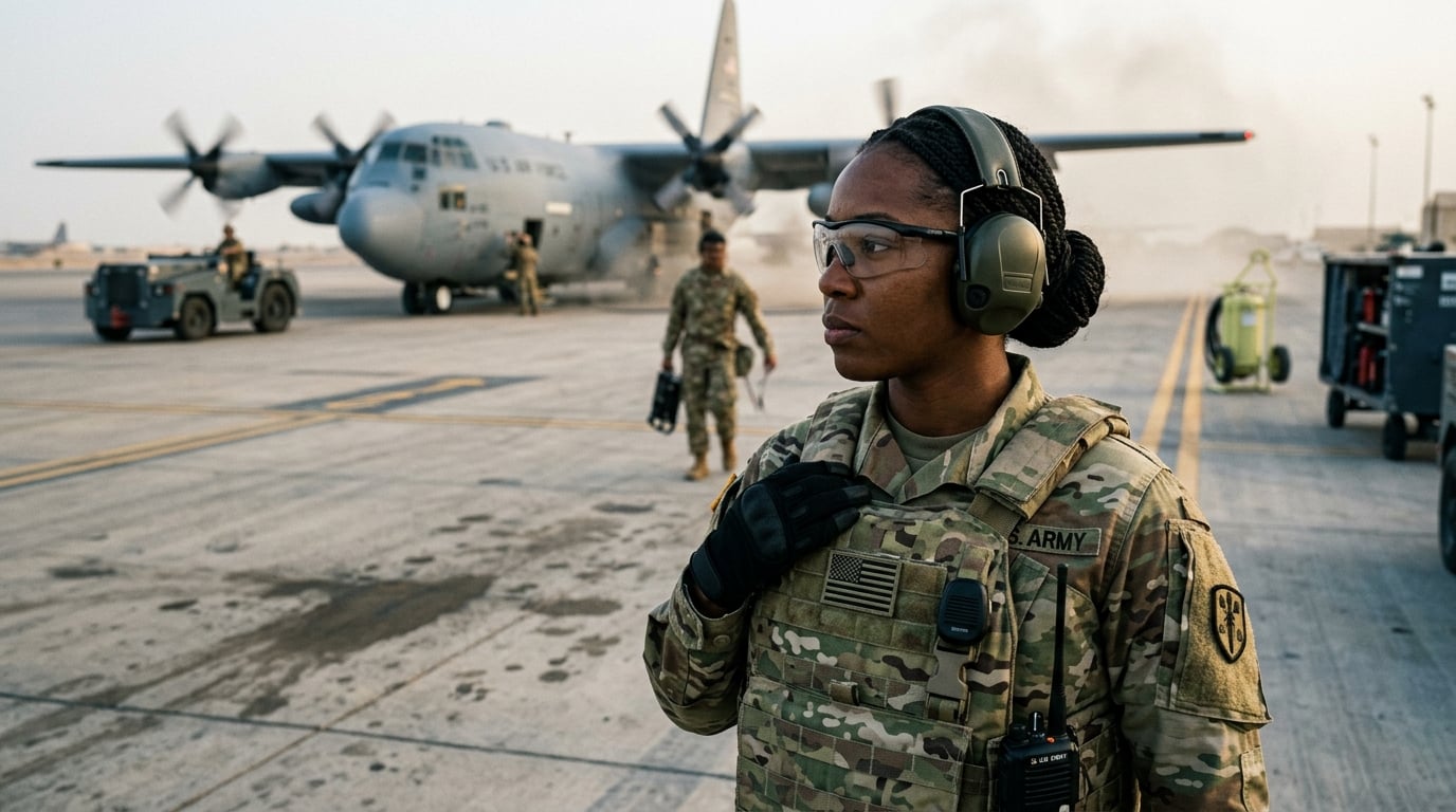 A woman service member on the flight line wearing hearing protection