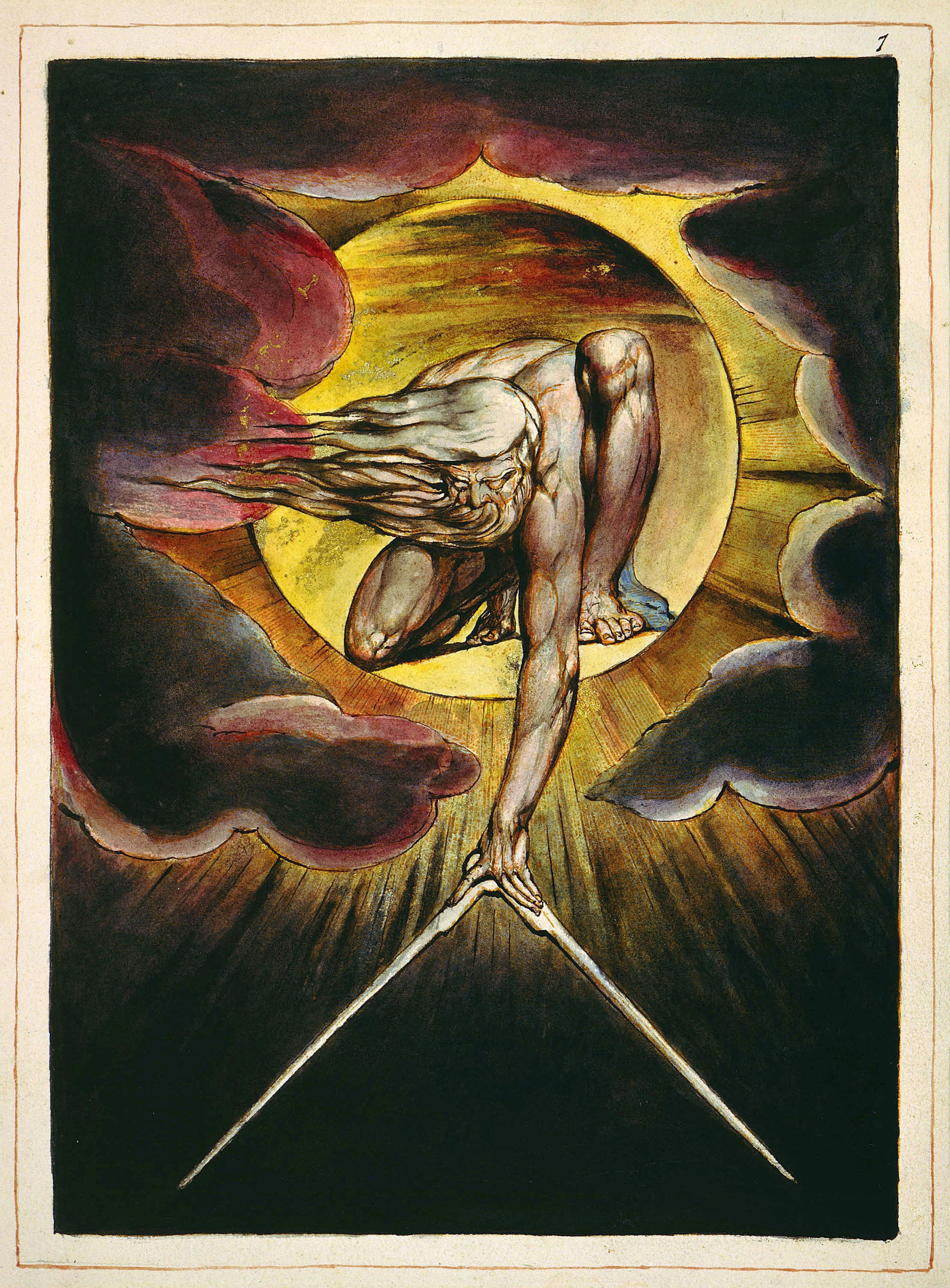 William Blake, The Ancient of Days, 1794: a bearded figure leaning from a sphere of light with golden compasses