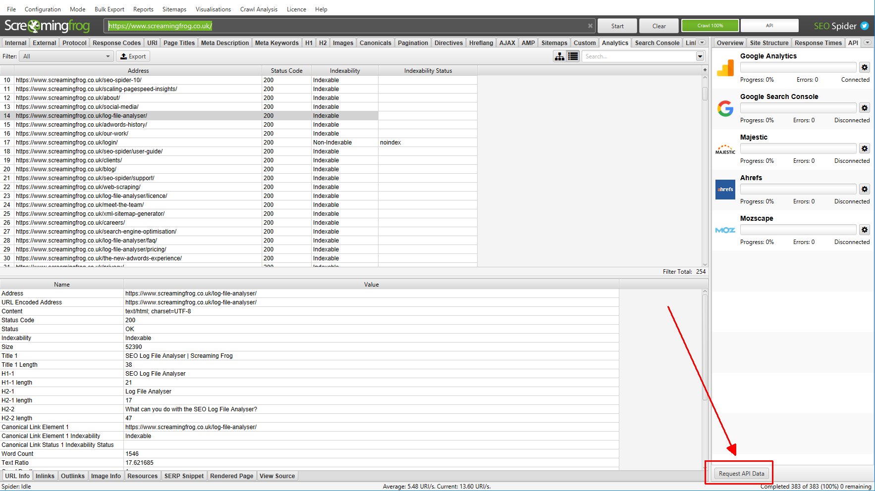 Meta data analysis interface showing page titles and meta descriptions with character counts and duplicate detection