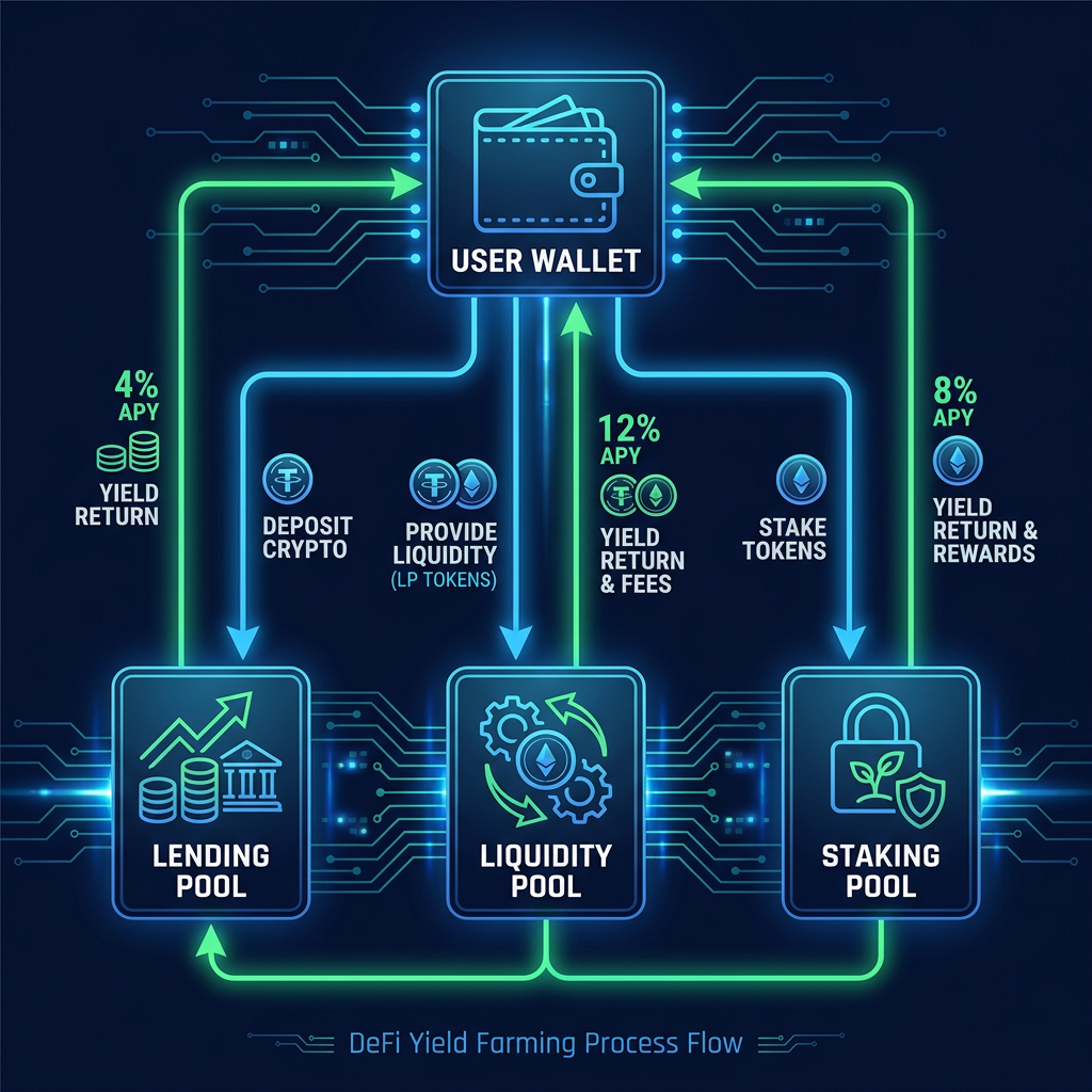 DeFi yield farming flow diagram showing how crypto moves through lending and liquidity pools in 2026