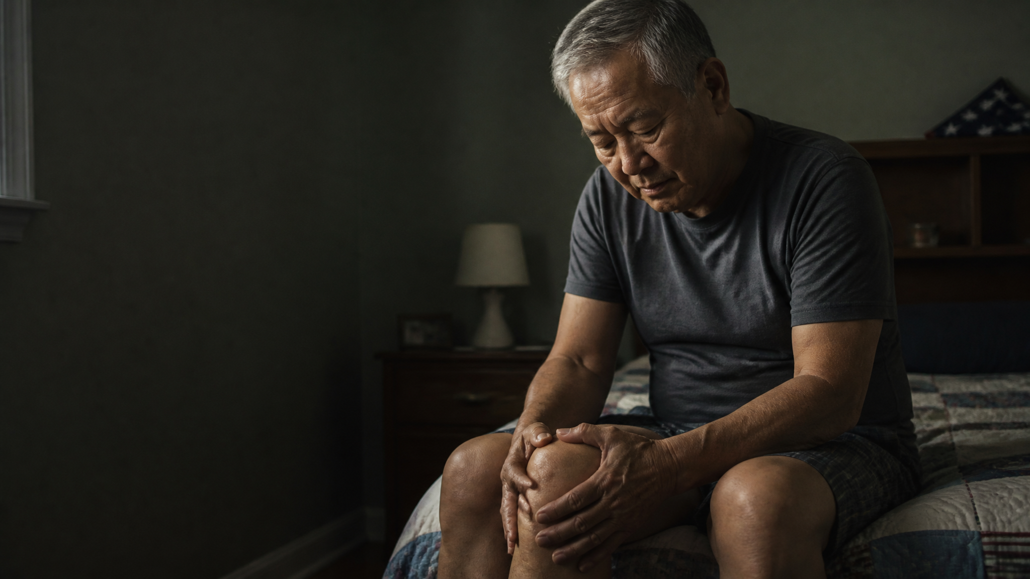 An older East Asian military veteran sitting on the edge of a bed with both hands pressed on an aching knee, in dim cinematic bedroom light