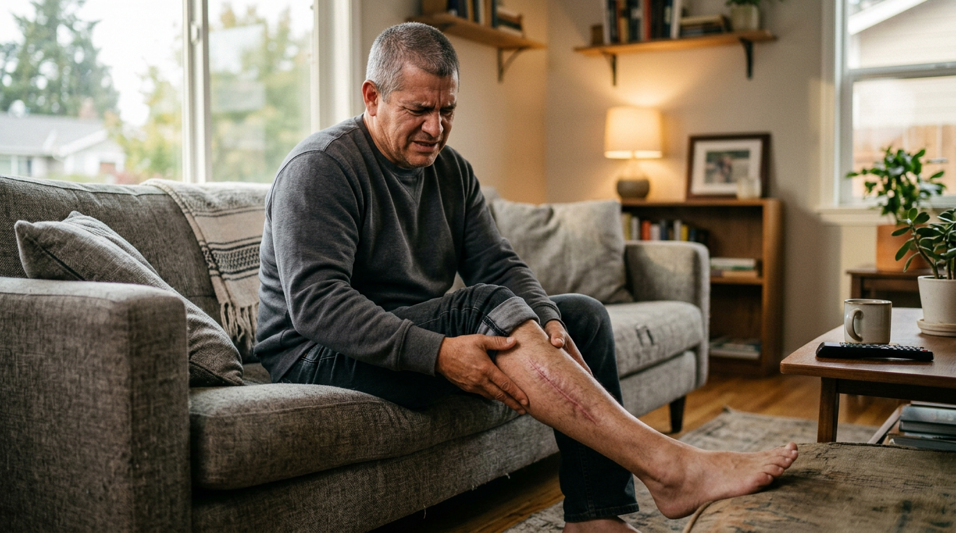 Hispanic male veteran in his 50s sitting on a couch examining a long scar on his lower leg with a pained expression