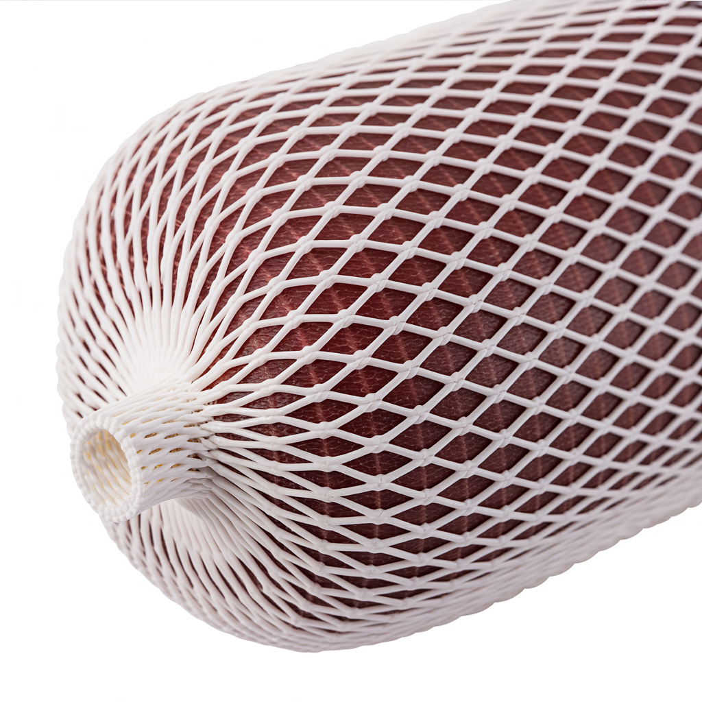 Close-up of elastic meat netting showing diamond mesh pattern
