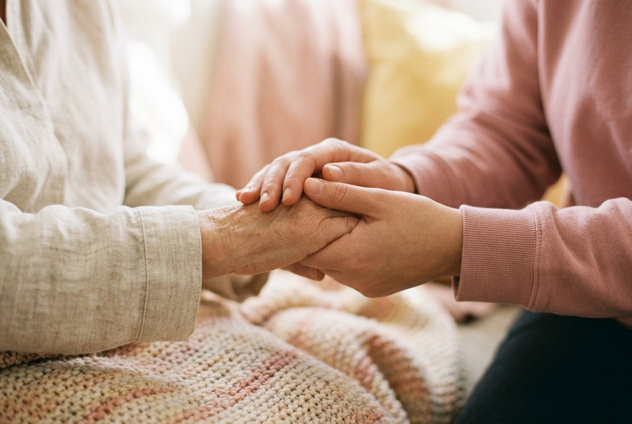 Two people's hands gently clasped in support