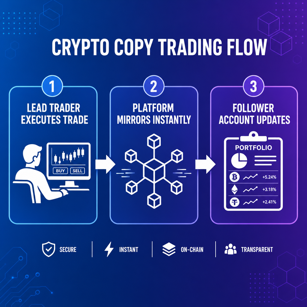 crypto copy trading flow diagram showing lead trader to platform mirror to follower account