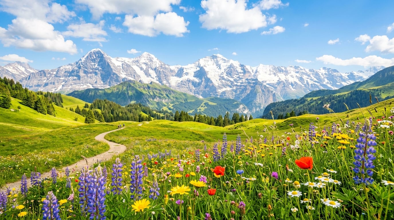 Sunny mountain meadow filled with colorful wildflowers under a bright blue sky, representing the joyful freedom of retirement transformation