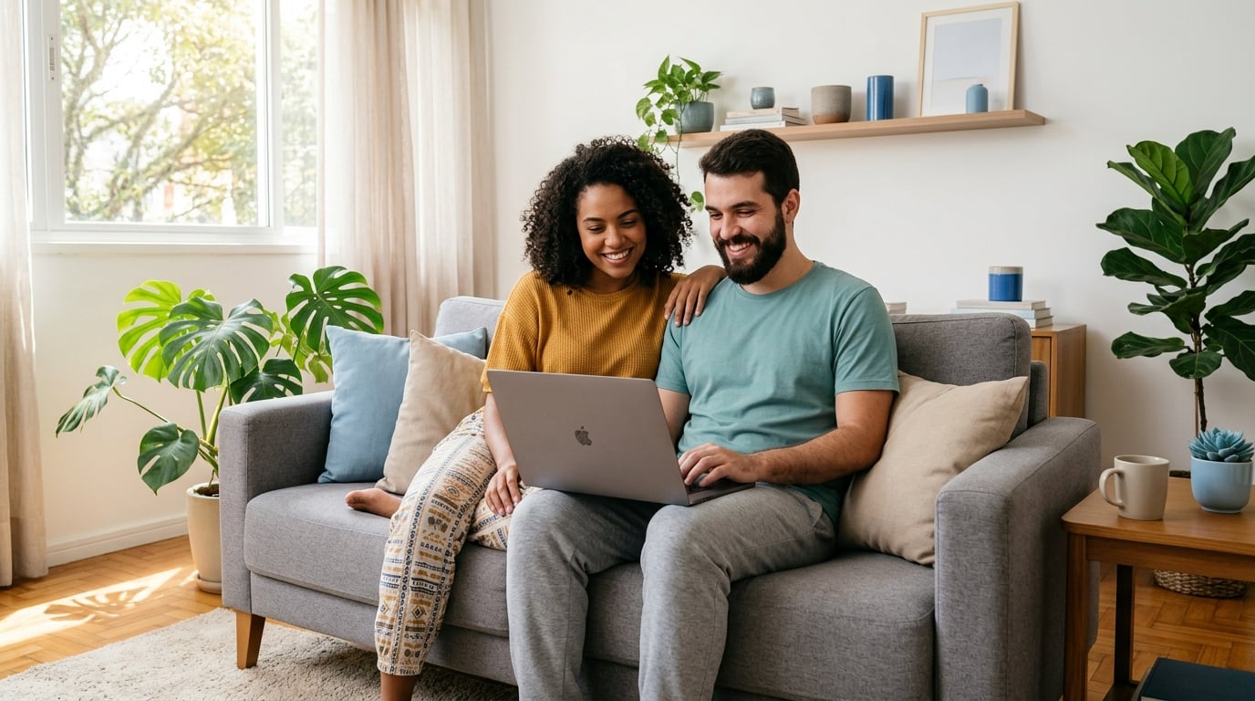 Casal usando o AhDois no laptop juntos no sofá