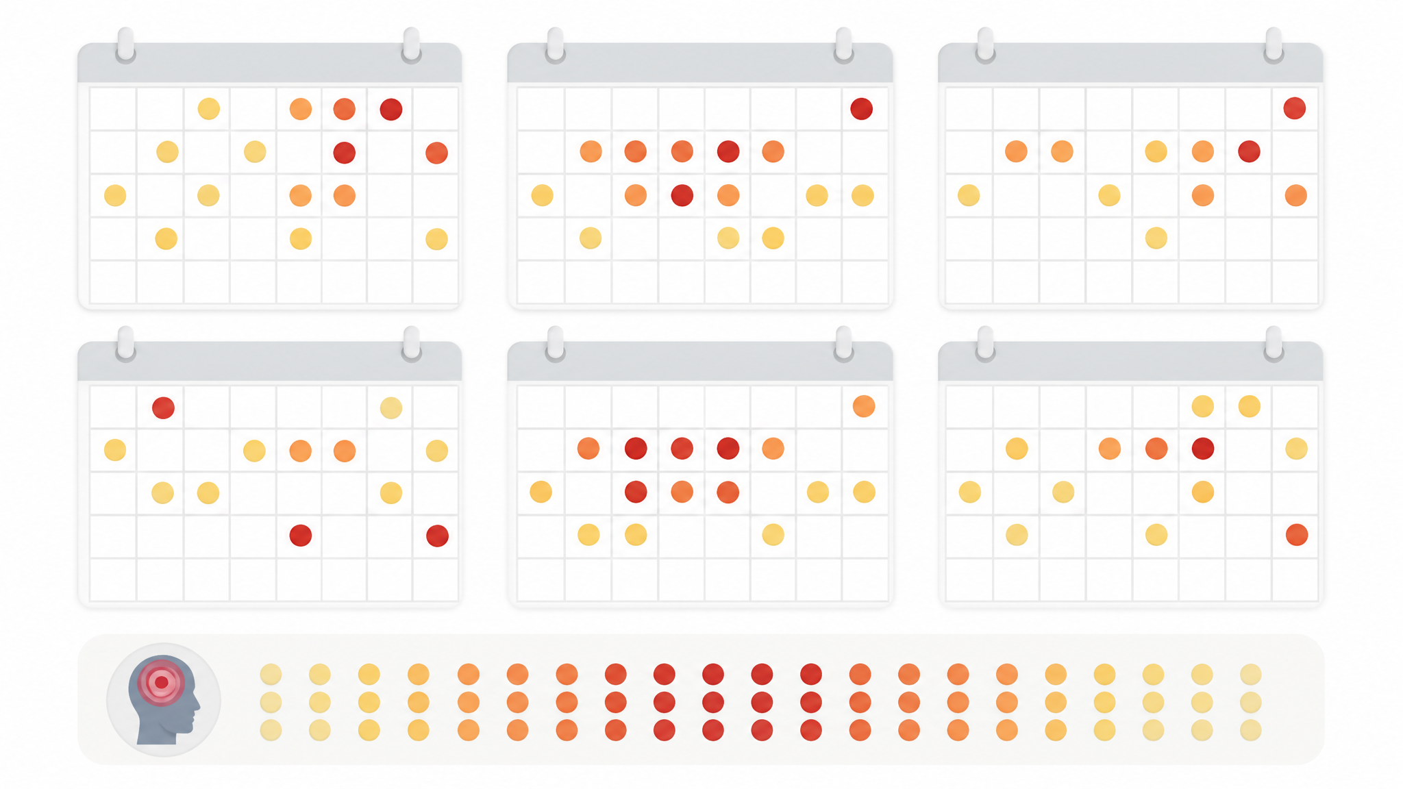 Illustration of several month calendars with marked days representing migraine frequency averaged over time