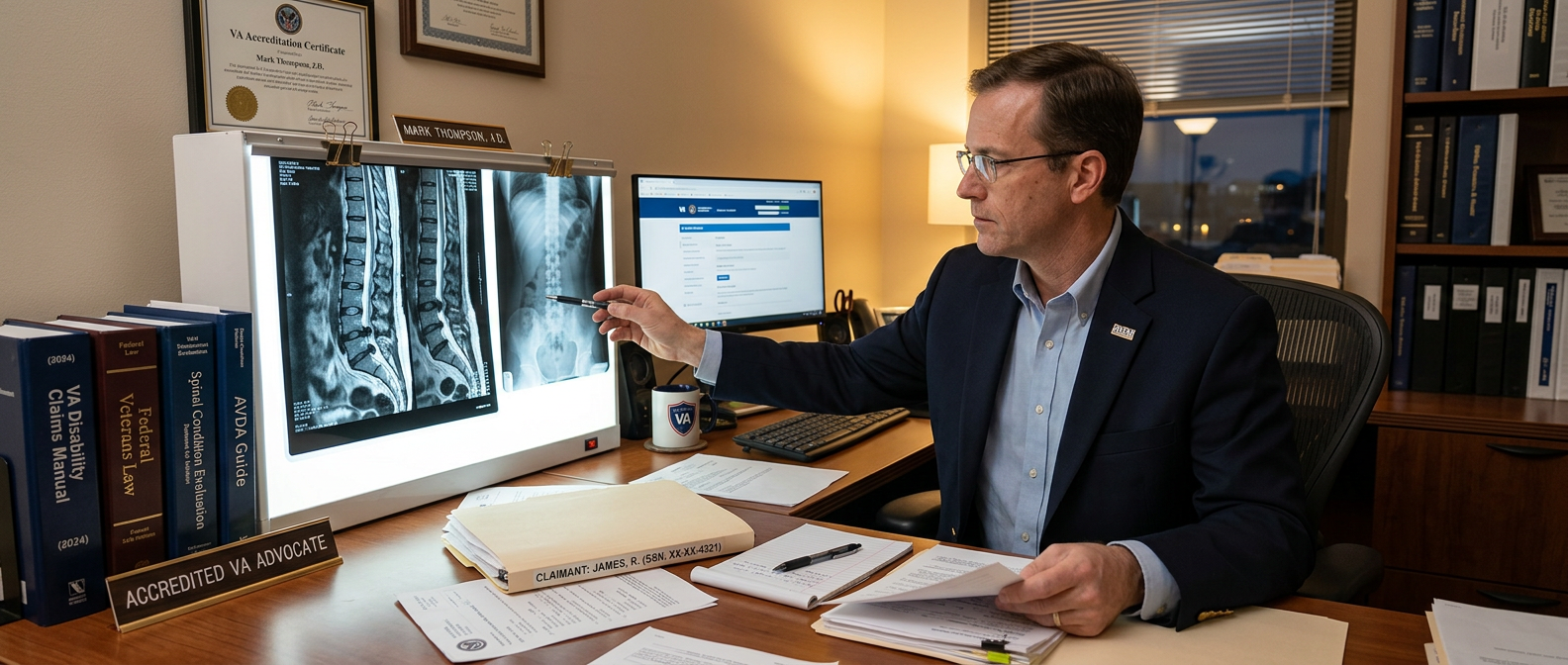 An accredited VA disability advocate at his desk reviewing a lumbar spine MRI film on a light box beside spine X-rays, a case file and legal reference books