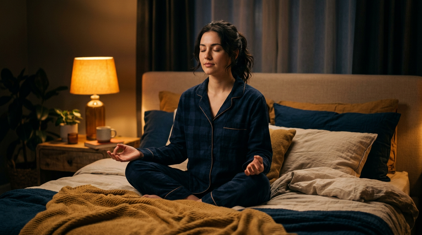Pessoa meditando sentada na cama com iluminação suave noturna