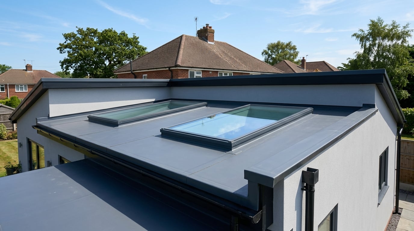 Newly installed flat roof with skylights on a modern extension