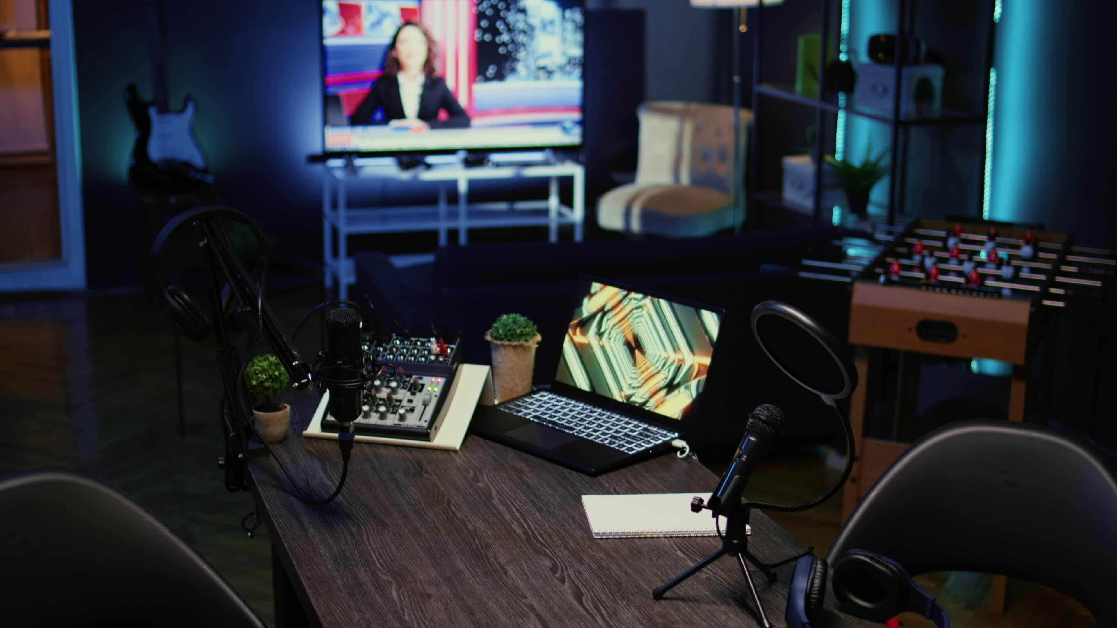 Close-up of professional podcast equipment on a desk