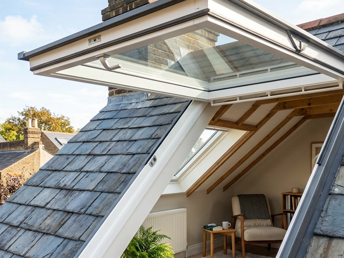 Close-up of a roof window and flashing