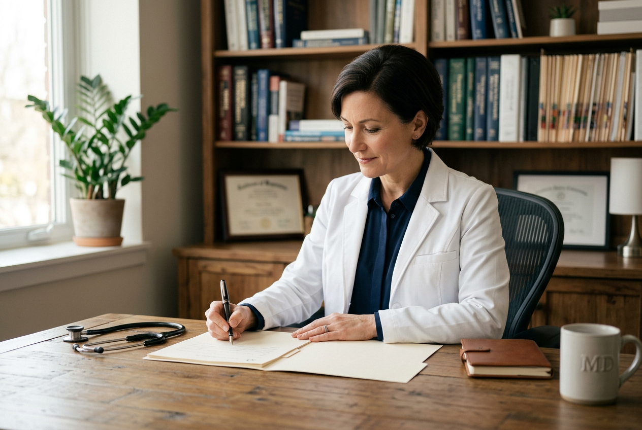 A physician in a white coat writing a formal medical opinion letter at a desk with a stethoscope